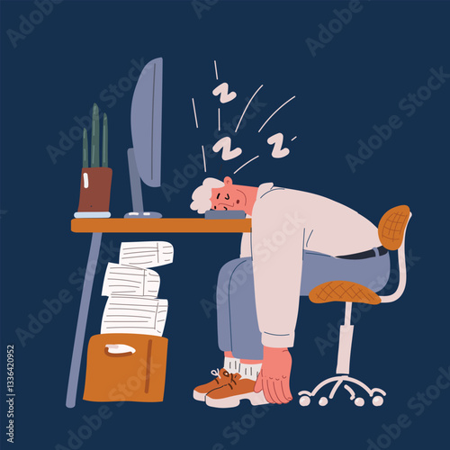 Cartoon vector illustration of an office worker collapsed at his desk, head resting on the keyboard, overwhelmed by fatigue and the weight of burnout against dark background.