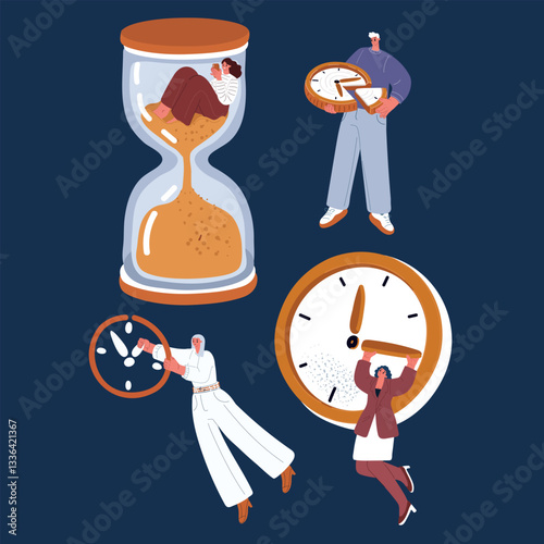 Cartoon vector illustration of people attempting to reverse time, tugging at clock hands, pulling apart moments, and lounging in hourglasses, lost in procrastination against dark background.