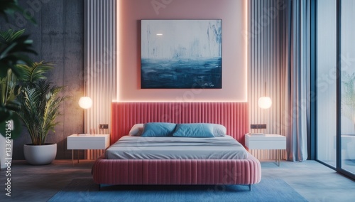 Modern, cozy bedroom with blush pink accents.  Soft lighting and textured details create a tranquil and stylish space