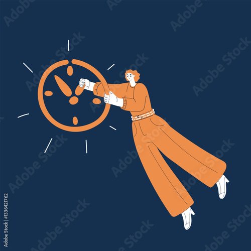 Cartoon vector illustration of a woman attempting to accelerate time, soaring through the air with clocks in hand, symbolizing the desire to control time against dark background.