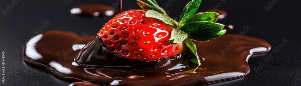 A fresh strawberry is dipped into rich melted dark chocolate