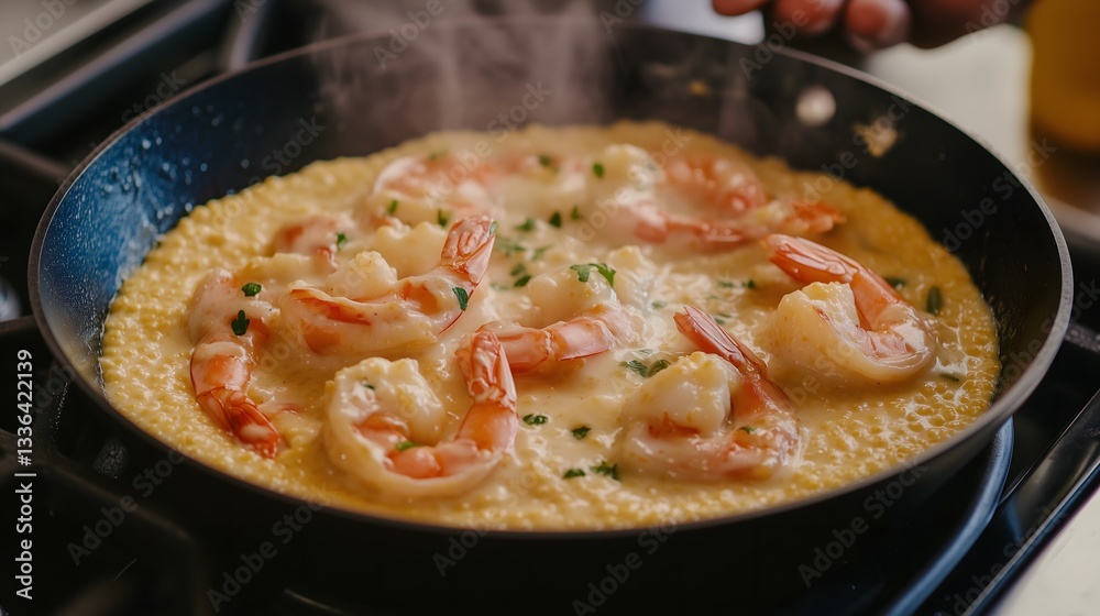 American chef preparing a Southern-style shrimp and grits dish with creamy cheese sauce. A skillet bubbles on the stove American chef preparing a Southern-style shrimp and grits dish with creamy cheese sauce. A skillet bubbles on the stove