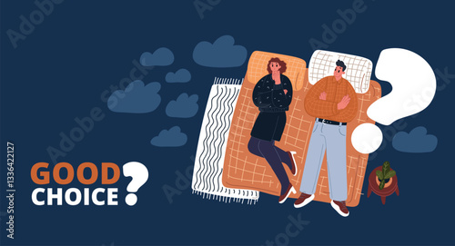Cartoon vector illustration of a man and woman lying side by side, deep in thought, with a large question mark between them, symbolizing reflection and the search for answers against dark background.