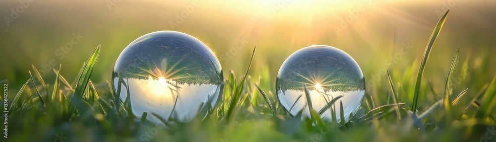Two glass spheres reflecting a natural landscape in sunlight