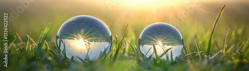 Obraz na płótnie Two glass spheres reflecting a natural landscape in sunlight w salonie