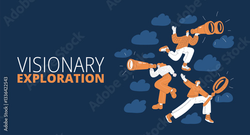Cartoon vector illustration of people floating in space, using binoculars, magnifying glasses, and spyglasses, symbolizing discovery and the excitement of exploration against a dark backdrop against d