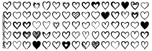 Hand-drawn heart collection with brush stroke and sketched styles. Black love symbols for Valentine's Day, wedding, and romantic design projects