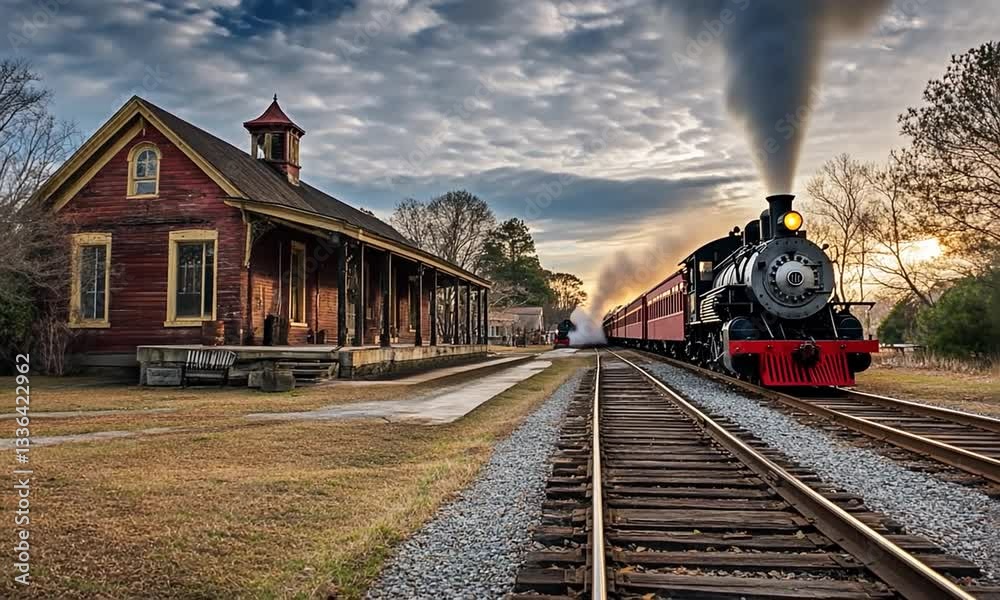 Vintage steam locomotive traveling along railway tracks past an old wooden train station at sunset