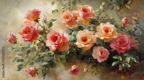 Fototapeta Naklejka Na Ścianę i Meble -  A vibrant bouquet of blooming roses in soft hues, surrounded by lush green leaves, evoking tranquility