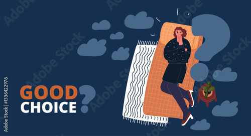 Cartoon vector illustration of a woman deep in thought with a question mark above her, representing curiosity, self-reflection, and the pursuit of understanding against dark background.