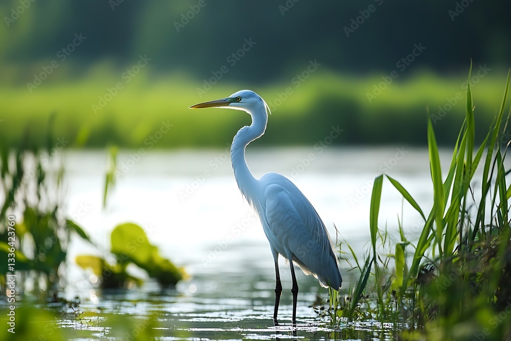 Obraz premium brilliant allure of sky heron perched in verdant marsh its extended legs reflecting fine reeds and gentle tides as it spreads a sense of calm musing through this realm 