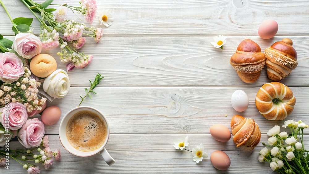 Holy Brunch: Flat Lay Panoramic Wooden Table with Feminine Easter Decor & Copy Space Holy Brunch: Flat Lay Panoramic Wooden Table with Feminine Easter Decor & Copy Space