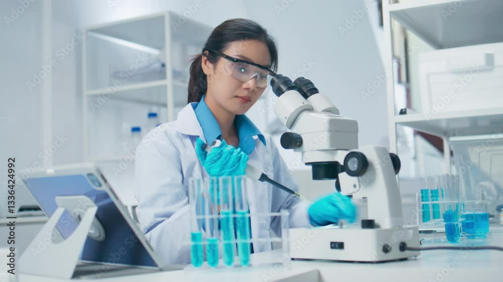Professional Asian Female Scientist focuses on analyzing chemical samples with a pipette in a medical lab. Asian female researcher examines chemical samples using a pipette to analyze results.
