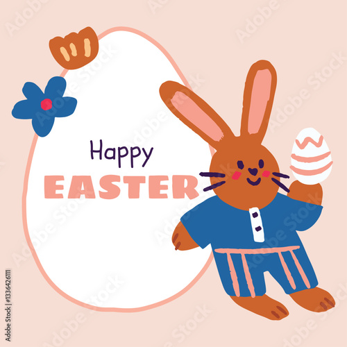 A joyful Easter illustration featuring a cute bunny holding a decorated egg, perfect for Easter holiday designs. Ideal for social media templates, greeting cards, gift cards, prints, invitations.
