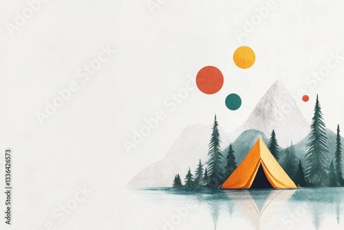 A minimalist illustration of a tent pitched on a lake edge, with simple blue water, green trees, and a yellow tent drawn in clean, geometric shapes