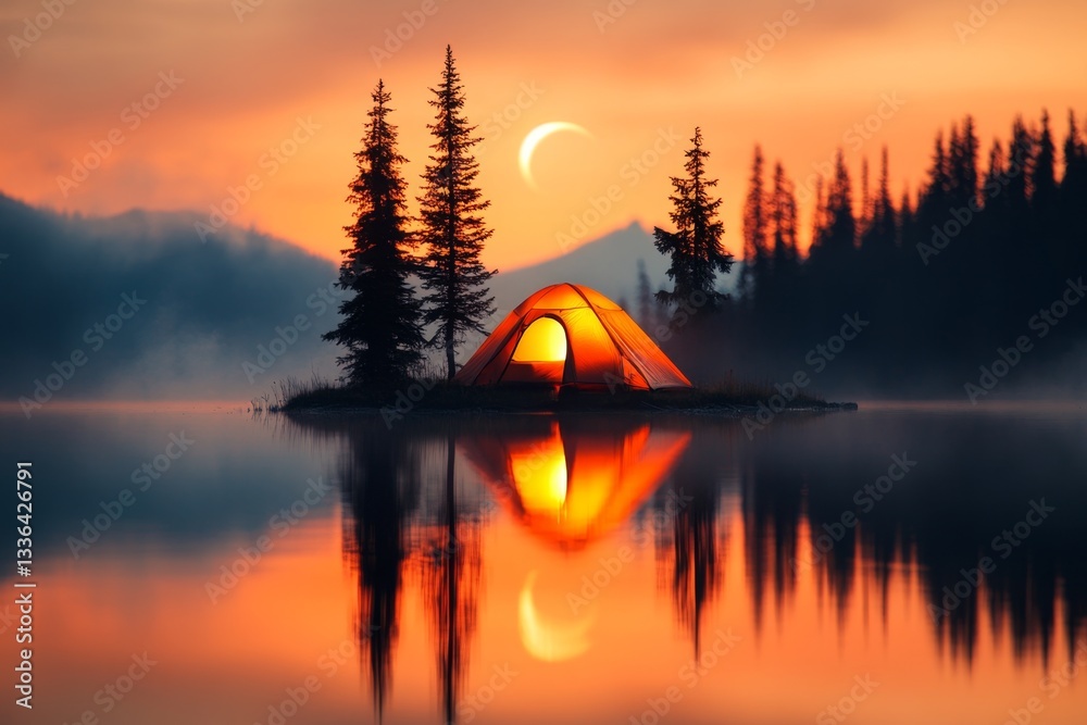 Obraz premium A minimalist silhouette of a tent under a crescent moon, surrounded by tall pine trees reflected in a calm lake