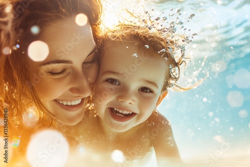 A mother teaching her child to dive, holding their hands as they practice jumping off the pool edge