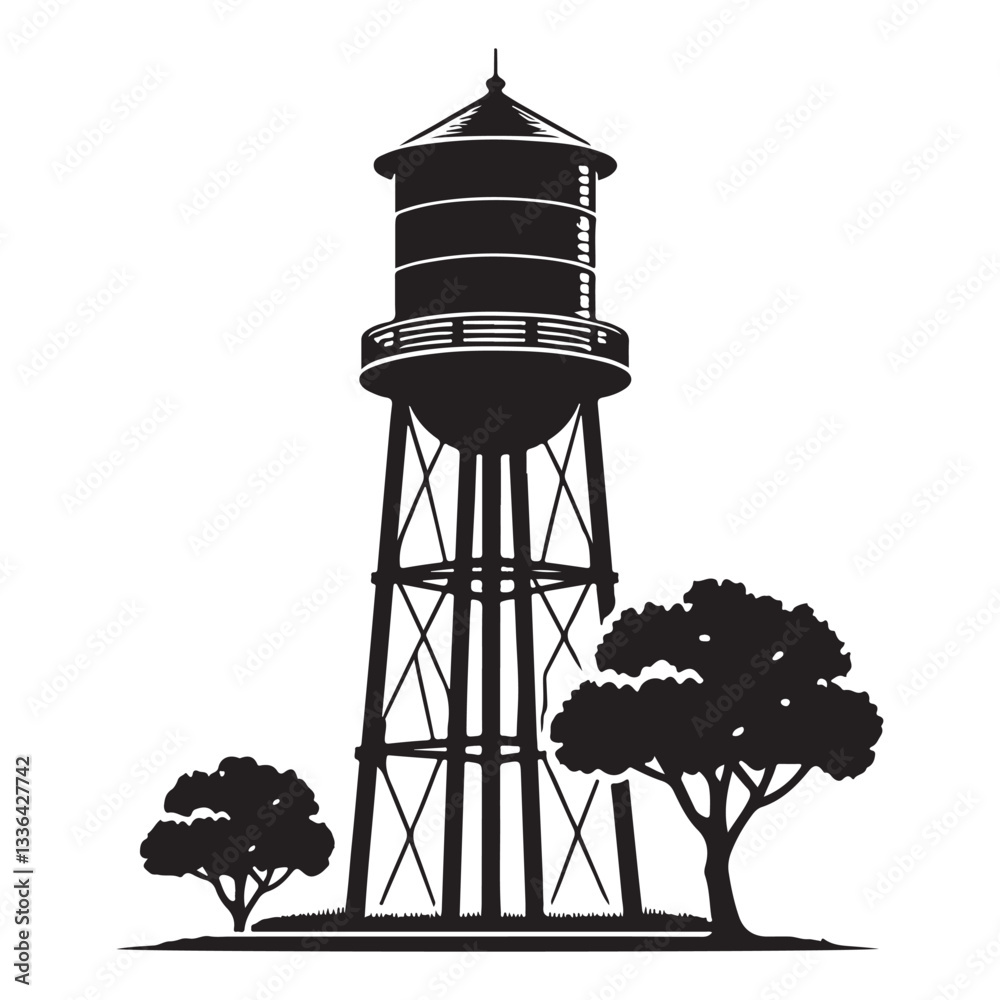 Water tower silhouette drawing landscape illustration community infrastructure vintage style
