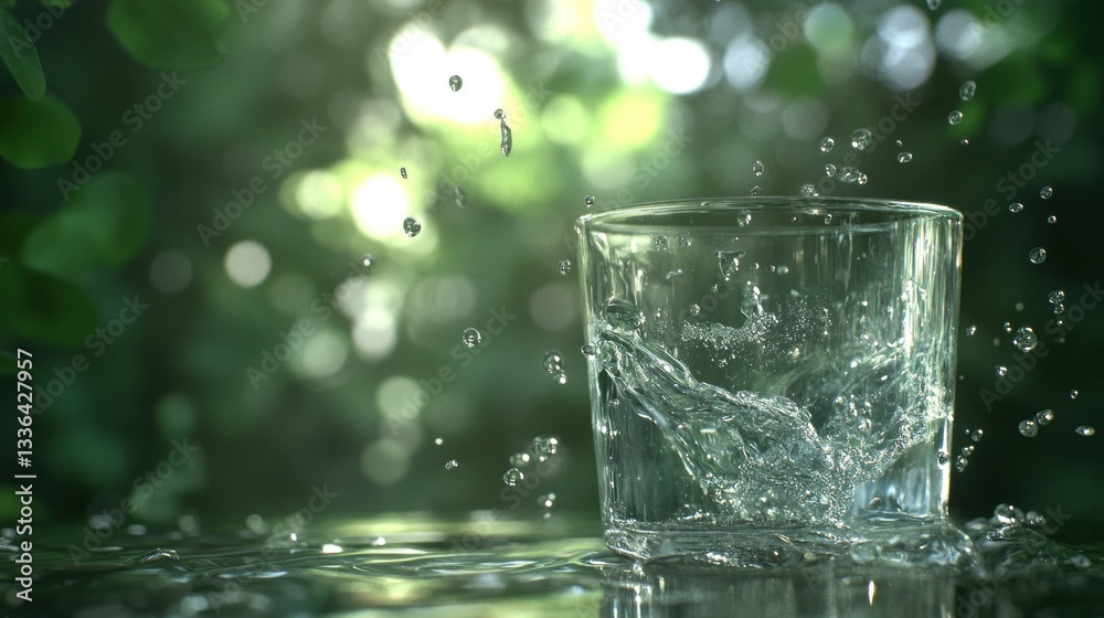 Water splashing in a glass against a blurred green background Water splashing in a glass against a blurred green background