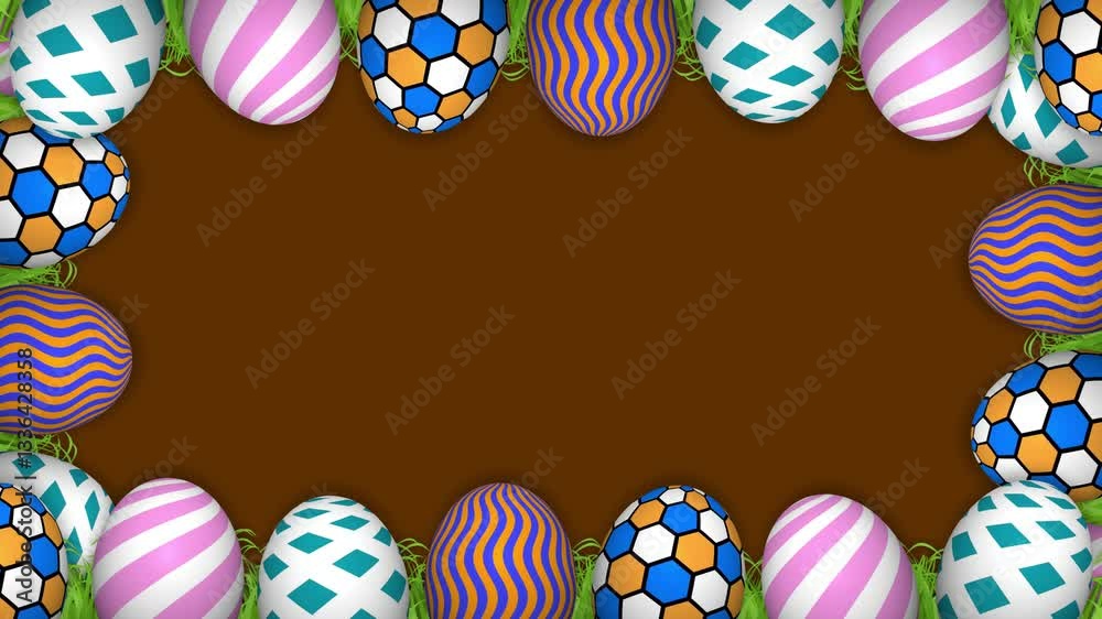 frame of animated easter eggs in different design and colours on brown screen. Animation for easter holiday. frame of animated easter eggs in different design and colours on brown screen. Animation for easter holiday.