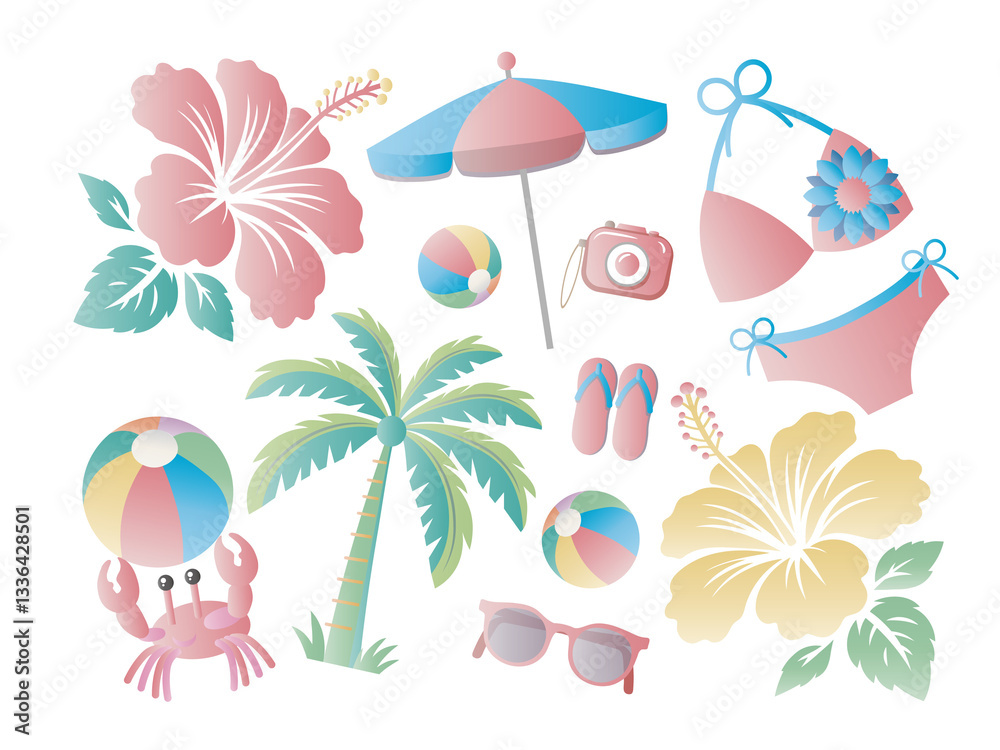 Naklejka premium 夏■夏素材の背景・ハイビスカス&ヤシの木