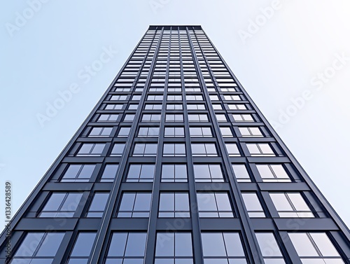 Tall modern skyscraper viewed from below against a clear blue sky