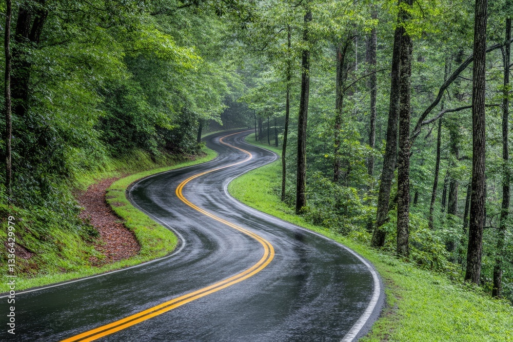 Winding mountain road in a lush forest after rain. A picturesque, curvy asphalt road snakes through a dense, verdant forest on a misty, wet day Winding mountain road in a lush forest after rain. A picturesque, curvy asphalt road snakes through a dense, verdant forest on a misty, wet day