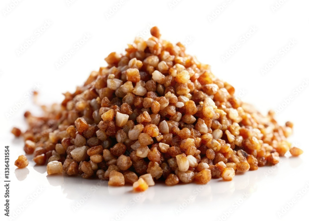 High-resolution tilt-shift image: crispy buckwheat, close-up miniature food on white. High-resolution tilt-shift image: crispy buckwheat, close-up miniature food on white.