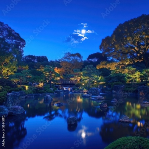 Serene Moonlight Night at the Japanese Garden