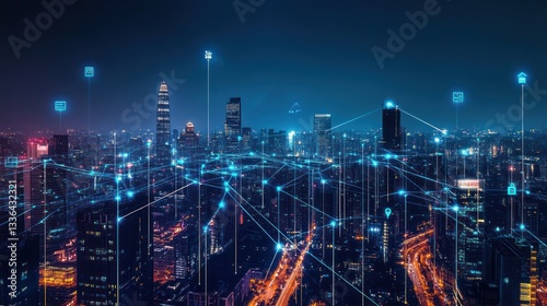 Wallpaper Mural Night city skyline connected by digital network, urban infrastructure, future technology Torontodigital.ca