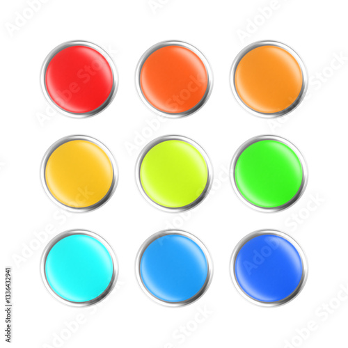 Set of nine colorful round 3d buttons with metallic silver frames, isolated on a white background. Includes red, orange, yellow, green, blue, and cyan buttons with a glossy, reflective surface.
