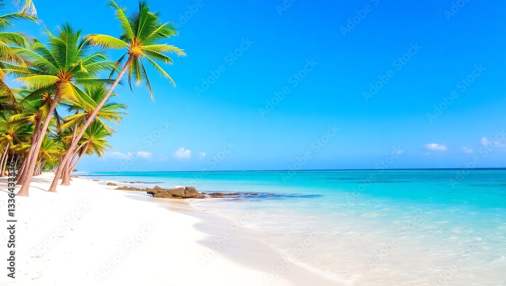 Obraz premium A Postcard-perfect Tropical Beach Scene, Showcasing Swaying Palm Trees On A Pristine White Sand Beach, Meeting Turquoise Waters Under A Vibrant Blue Sky
