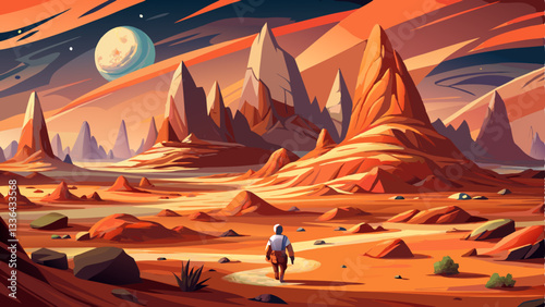 vector of desolate Martian landscape with reddish sand dunes, jagged rock formations, and a lone astronaut exploring the alien terrain.