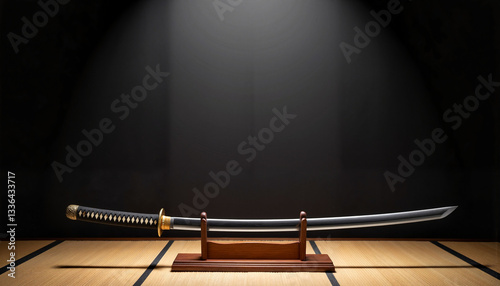 Polished Japanese samurai sword displayed in dimly lit room, craftsmanship