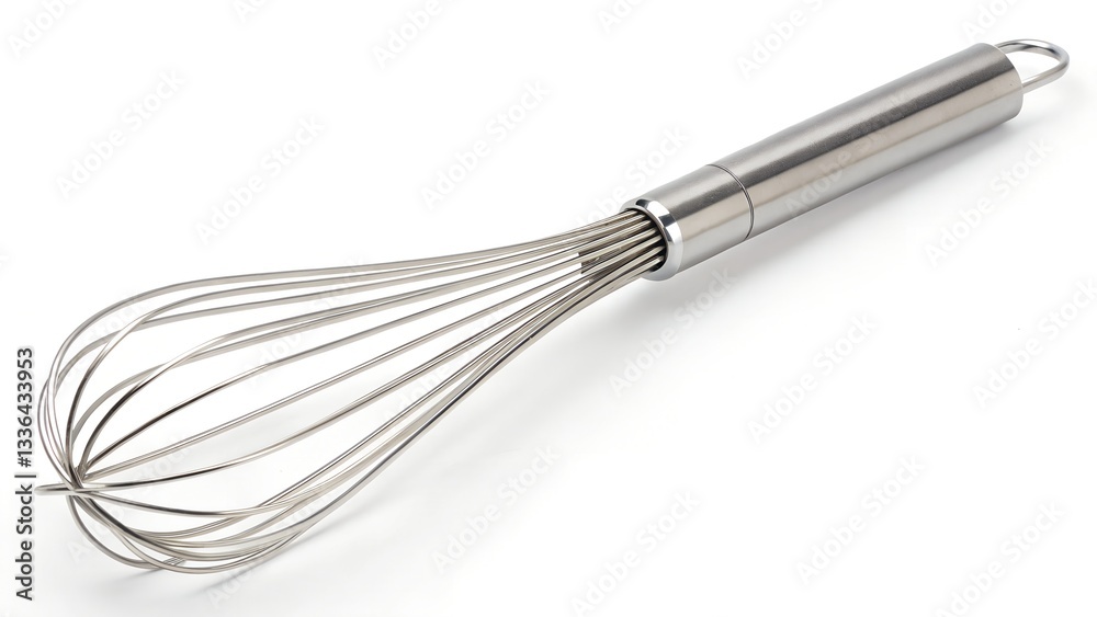 A Sleek Stainless Steel Whisk Ready To Whip Up Culinary Magic In The Kitchen, Gleaming Brightly Against A Pure White Background A Sleek Stainless Steel Whisk Ready To Whip Up Culinary Magic In The Kitchen, Gleaming Brightly Against A Pure White Background