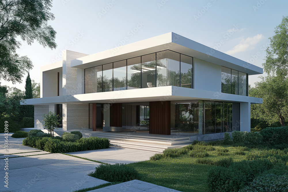 Modern minimalist luxury house with large glass windows and sleek architectural design in a green landscape