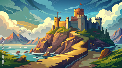 vector of medieval castle perched on a cliffside, its stone towers rising above swirling sea mist, with a winding cobblestone road leading up to the gates.