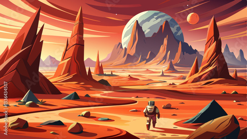 vector of desolate Martian landscape with reddish sand dunes, jagged rock formations, and a lone astronaut exploring the alien terrain.