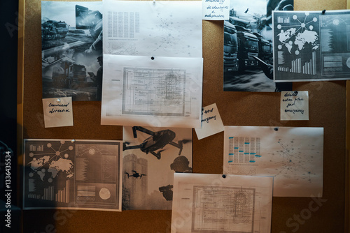 Diagram-covered papers pinned on corkboard, depicting various charts, graphs, and maps related to data analysis and research. Some sheets are arranged methodically, while others are casually placed