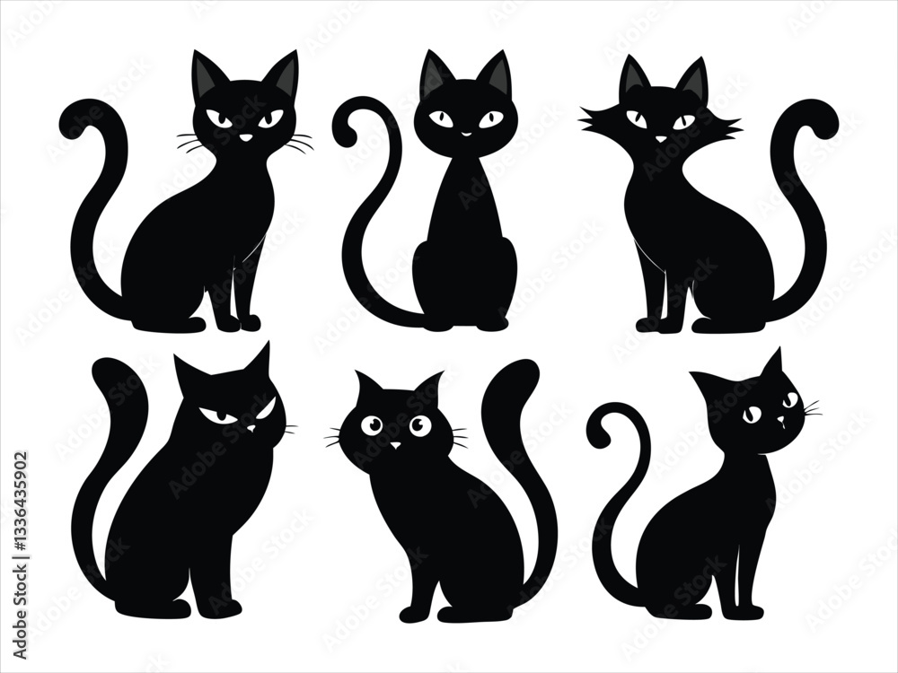 Fototapeta premium Cute Black Cat Silhouettes Set for Design
