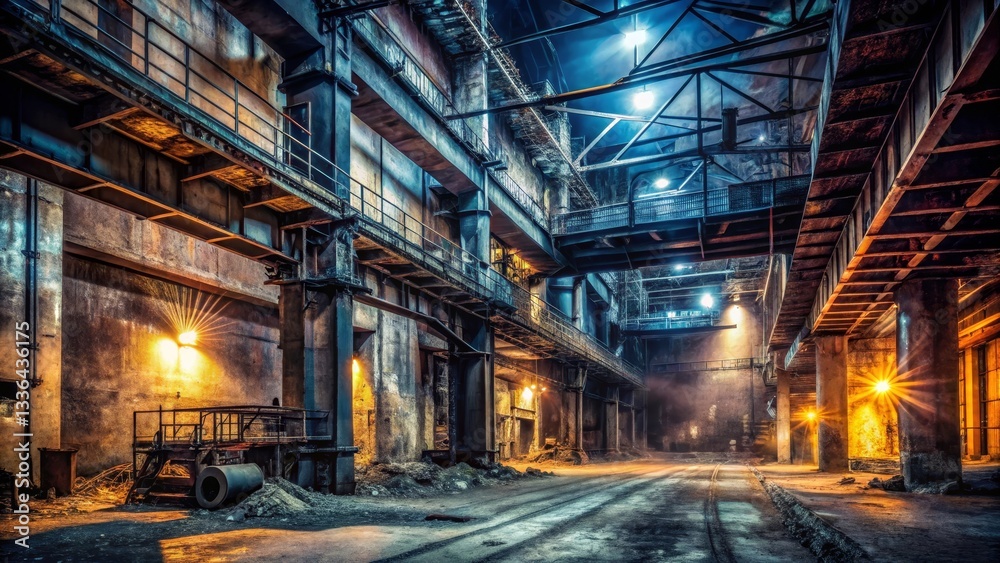 Obraz premium Illuminated Interior of a Derelict Industrial Complex at Night, Showing the Extensive Metal Framework and Aged Concrete Structures