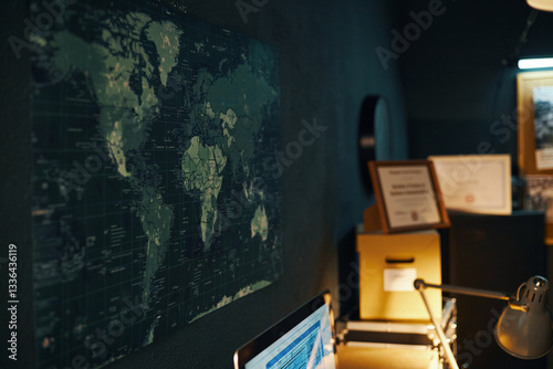 Fotografie Dimly lit home office setup featuring world map on wall and computer station wit