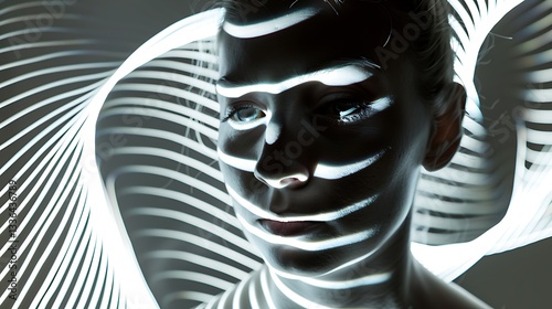 Striking portrait of a young woman with dynamic light patterns projected onto her face.