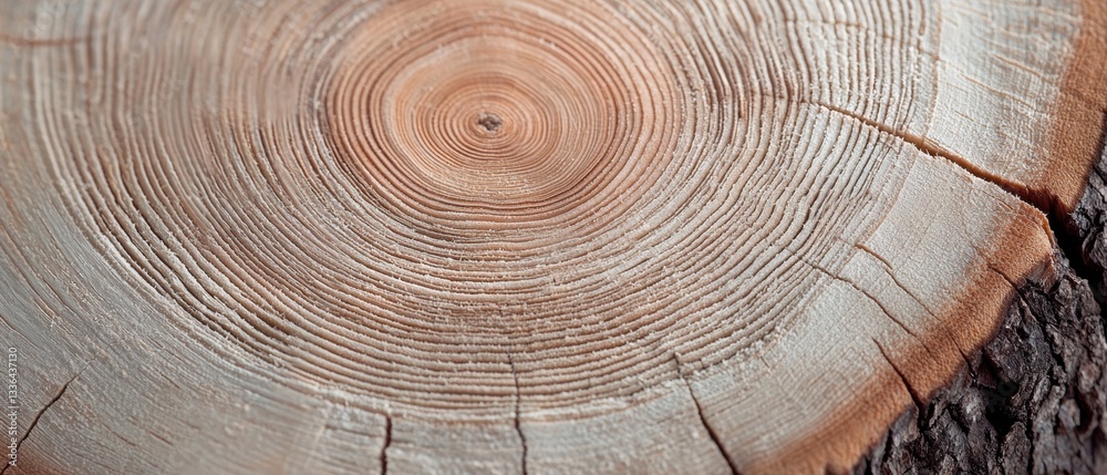 Naklejka premium Close-up of a tree trunk with a cross-section of the bark. the bark appears to be old and weathered, with deep grooves and ridges. the center of the image is circular, with a small hole in the center.