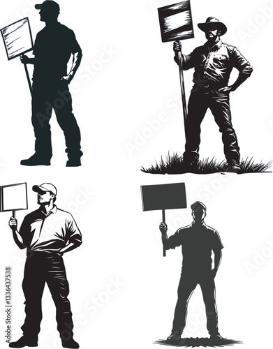 Four silhouettes of protestors holding blank signs, each in a unique pose