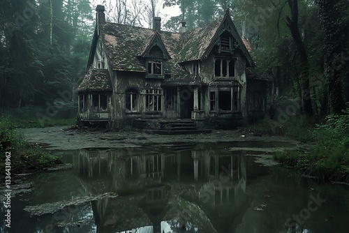ruined moss-grown cottage hidden in middle of a dim swamp projects an odd allure with its cracked walls phantom forms drifting on tranquil water and a profound sense of old stories  
