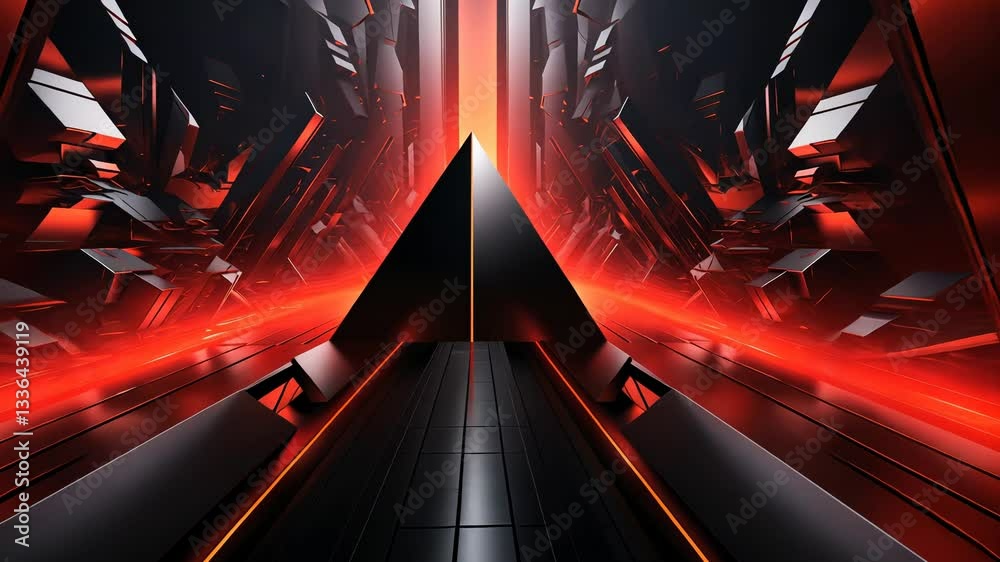 Futuristic tunnel with pyramid and vibrant red lighting