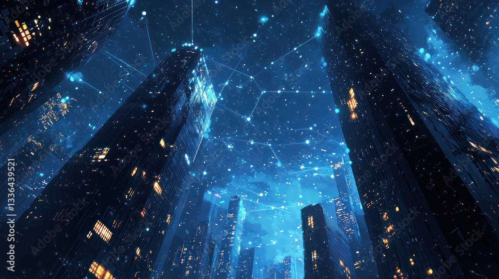 Naklejka premium Futuristic City Skyline at Night, Network Connections, Abstract Art, Stock Photo