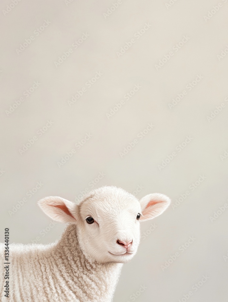 Fototapeta premium Close-up portrait of a white lamb. the lamb is facing the camera and is looking directly at the camera with a slight smile on its face.