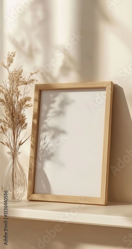 Empty light beige wooden frame on a shelf, beside a clear glass vase with dried pampas grass, natural sunlight